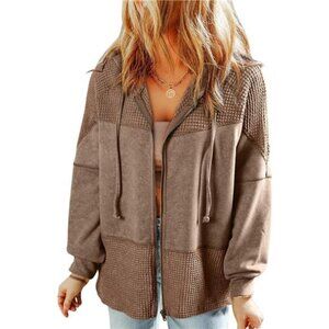 Womens waffle knit hoodie zip up jacket long sleeve drawstring casual fall top